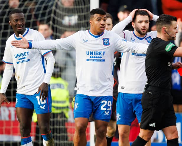 Rangers' Mohamed Diomande (far left) was shown a red card for swinging his arm at Dundee United's Kevin Holt. (Photo by Ross Parker / SNS Group)