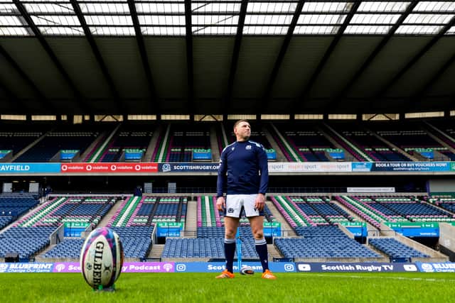 Scotland co-captain Finn Russell lines up a kick ahead of facing Italy.