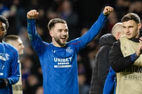 Rangers' Nicolas Raskin celebrates at full-time against Union Saint-Gilloise.