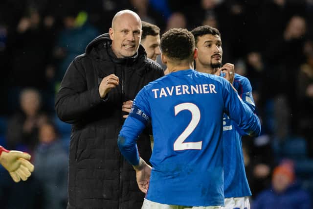 Rangers manager Philippe Clement and captain James Tavernier celebrate after defeating Union Saint-Gilloise.