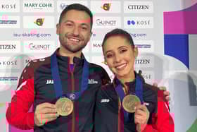 Lewis Gibson and Lilah Fear, with their bronze medals at the European Figure Skating Championships.