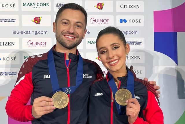 Lewis Gibson and Lilah Fear, with their bronze medals at the European Figure Skating Championships.