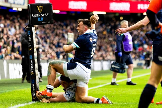 Scotland's Ben White celebrates his first half try in the Six Nations win over Italy. (Photo by Ross MacDonald / SNS Group)