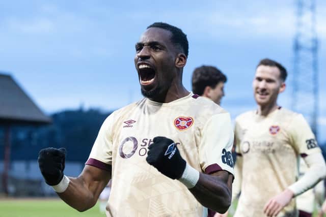 Hearts striker Elton Kabangu celebrates after scoring to make it 5-0 over Dundee. (Photo by Mark Scates / SNS Group)