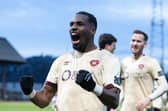 Hearts striker Elton Kabangu celebrates after scoring to make it 5-0 over Dundee. (Photo by Mark Scates / SNS Group)