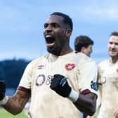 Hearts striker Elton Kabangu celebrates after scoring to make it 5-0 over Dundee. (Photo by Mark Scates / SNS Group)