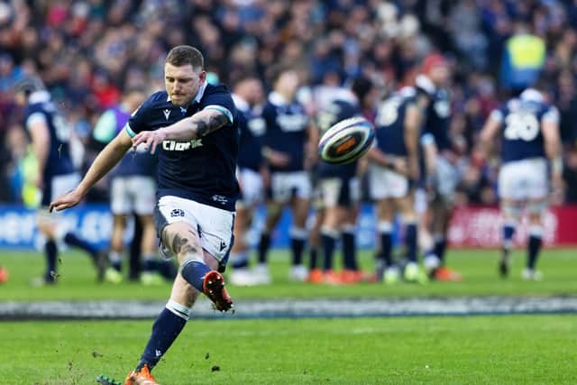 Scotland's Finn Russell takes a successful conversion during the Guinness Six Nations win over Italy at Scottish Gas Murrayfield. (Photo by Craig Williamson / SNS Group)