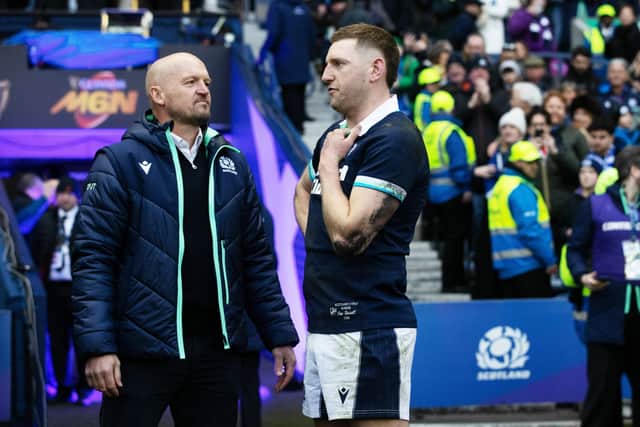 Scotland head coach Gregor Townsend and Finn Russell in conversation after opening the 2025 Six Nations with a win over Italy at Murrayfield. (Photo by Craig Williamson / SNS Group)