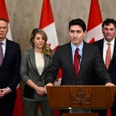 Canada's Prime Minister Justin Trudeau addresses media following the imposition of a raft of tariffs by US President Donald Trump against Canada, Mexico and China