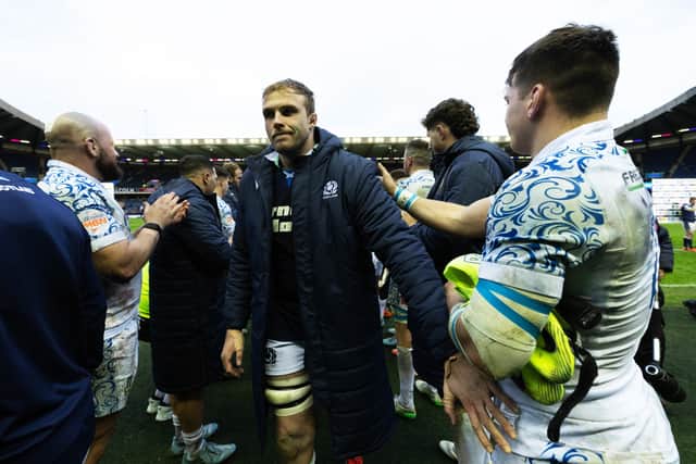 Scotland's Jonny Gray during a Italy guard of honour at full time after the Six Nations opener at Murrayfield. (Photo by Craig Williamson / SNS Group)