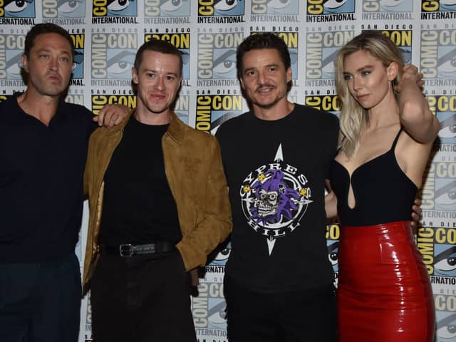 Vanessa Kirby, Pedro Pascal, Joseph Quinn and Ebon Moss-Bachrach pose on the press line for Marvel Studios' "The Fantastic Four" during San Diego Comic-Con.