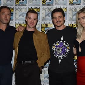 Vanessa Kirby, Pedro Pascal, Joseph Quinn and Ebon Moss-Bachrach pose on the press line for Marvel Studios' "The Fantastic Four" during San Diego Comic-Con.