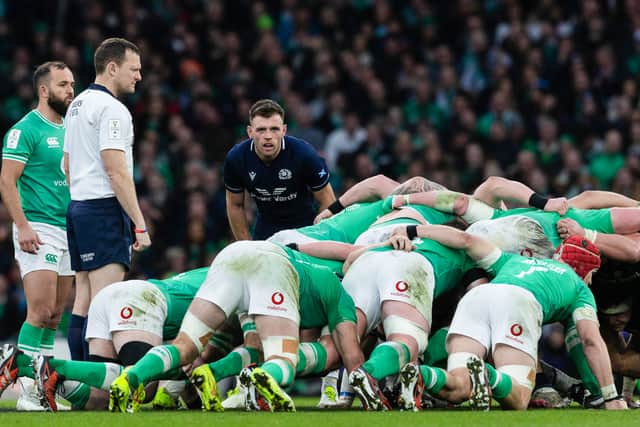Scotland's Ben White during last season's Guinness Six Nations match against Ireland, with Jamison Gibson-Park on the left.