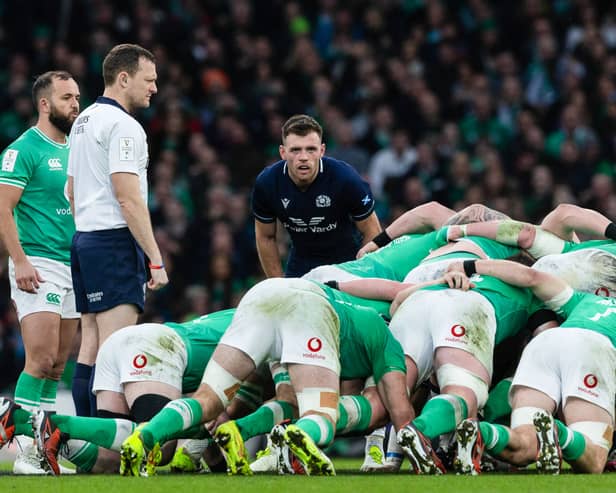 Scotland's Ben White during last season's Guinness Six Nations match against Ireland, with Jamison Gibson-Park on the left.