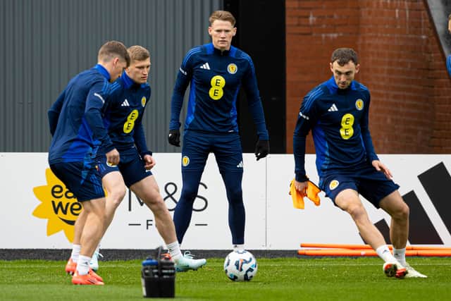 Andy Irving (right) during a Scotland training session after receiving his maiden senior call-up last October. (Photo by Alan Harvey / SNS Group)