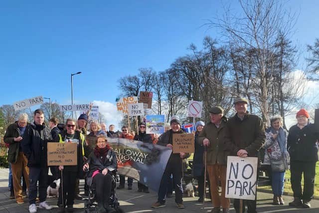 No to Galloway National Park campaigners holding a demonstration outside a special meeting on park proposals held by Dumfries and Galloway Council
