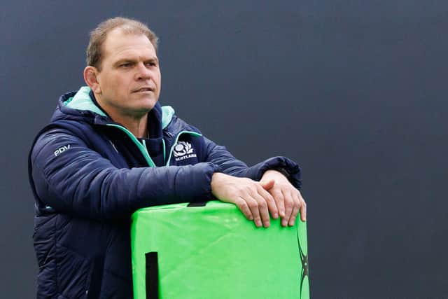 Scotland scrum coach Peter de Villiers during a training session at Oriam.