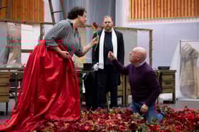 Orla Boylan, Roland Wood and Alasdair Elliott in rehearsals for The Makropulos Affair