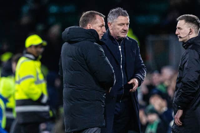 Dundee manager Tony Docherty with Celtic boss Brendan Rodgers at full-time. (Photo by Craig Williamson / SNS Group)