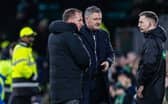 Dundee manager Tony Docherty with Celtic boss Brendan Rodgers at full-time. (Photo by Craig Williamson / SNS Group)