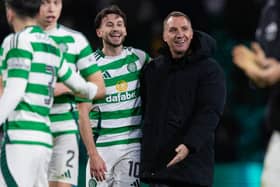 Celtic manager Brendan Rodgers with Nicolas Kuhn after the 6-0 win over Dundee. (Photo by Craig Williamson / SNS Group)