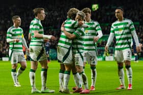 Celtic's Daizen Maeda (C) celebrates scoring to make it 3-0 over Dundee with teammates (L-R) Alistair Johnston, Jota, Arne Engels and Adam Idah. (Photo by Craig Foy / SNS Group)