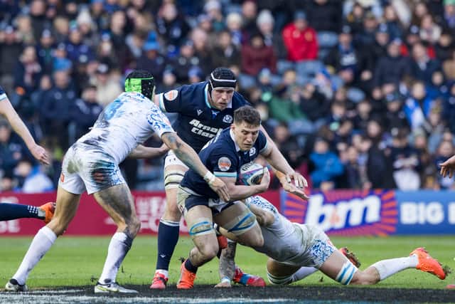 Scotland's Jonny Gray (back) and Rory Darge in action during the Six Nations win over Italy at Murrayfield last weekend. (Photo by Craig Williamson / SNS Group)