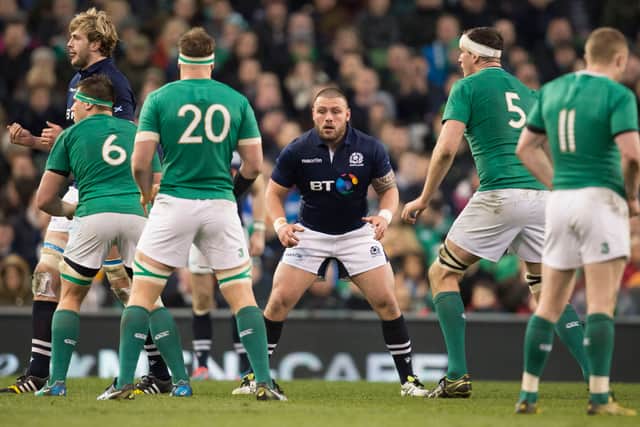 Rory Sutherland (centre) during his Scotland debut against Ireland in Dublin in 2016.