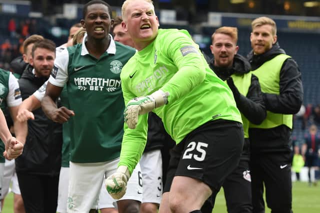 Delight for Hibs keeper Conrad Logan after a storming personal perfromance in the Scottish Cup semi-final win over Dundee United in 2016.