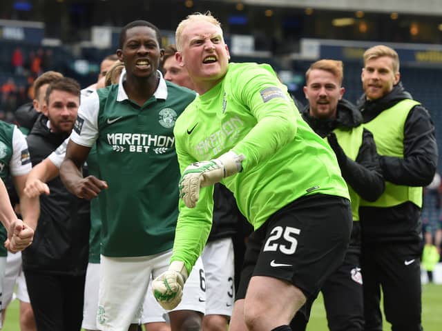 Delight for Hibs keeper Conrad Logan after a storming personal perfromance in the Scottish Cup semi-final win over Dundee United in 2016.