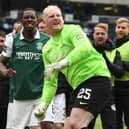 Delight for Hibs keeper Conrad Logan after a storming personal perfromance in the Scottish Cup semi-final win over Dundee United in 2016.