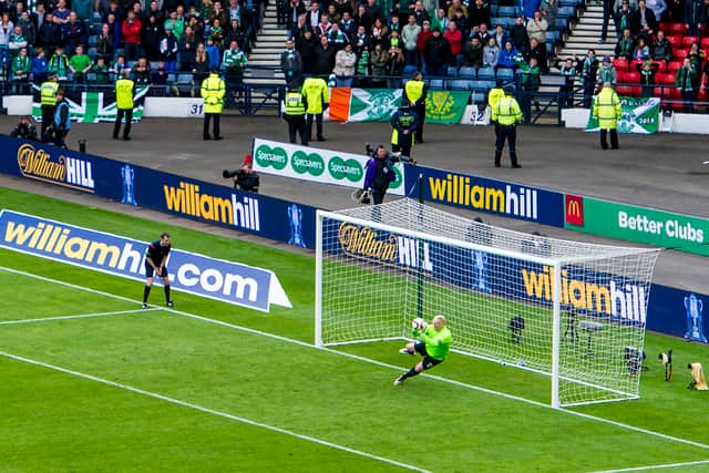 Hibs keeper Conrad Logan saves a penalty from Blair Spittal in the 2016 Scottish Cup semi-final.