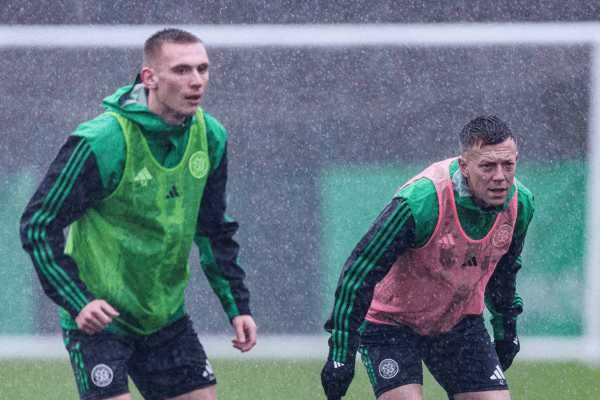 Kyle Ure (L) and Callum McGregor during a Celtic training session. Cr: SNS Group.