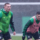 Kyle Ure (L) and Callum McGregor during a Celtic training session. Cr: SNS Group.