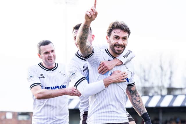 Ayr United's George Oakley celebrates after scoring to make it 2-0 over Partick Thistle in a Scottish Championship match at Somerset Park, on January 25, 2025. (Photo by Roddy Scott / SNS Group)