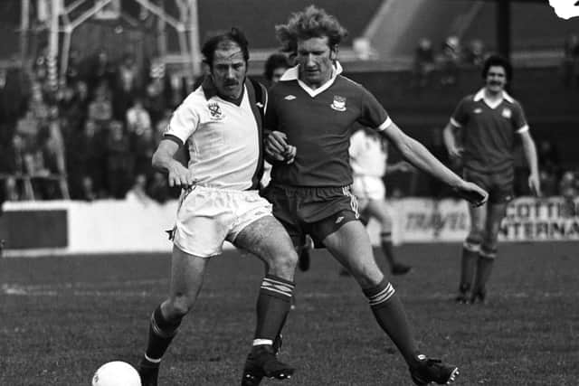 Action from Ayr United's last season in the Scottish top flight as Clydebank's Jim Fallon (left) holds off a challenge from Danny Masterton on October 15. 1977.