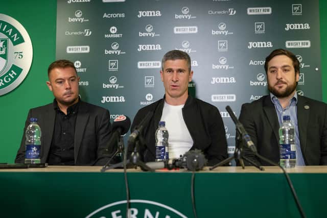Hibs unveil Nick Montgomery alongside chief executive Ben Kensell and Ian Gordon on September 11, 2023 - but he was sacked before the end of the season. (Photo by Paul Devlin / SNS Group)