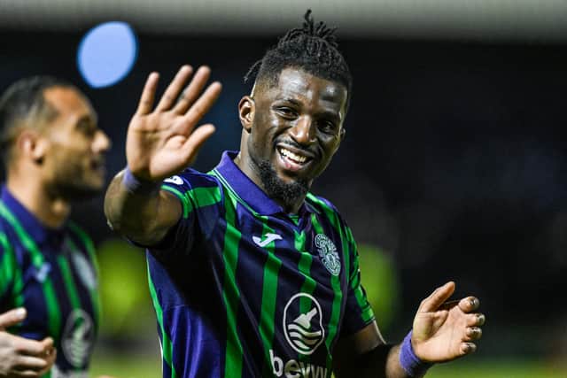 Hibs defender Rocky Bushiri at full time after scoring the winner against Ayr United. (Photo by Rob Casey / SNS Group)