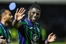 Hibs defender Rocky Bushiri at full time after scoring the winner against Ayr United. (Photo by Rob Casey / SNS Group)