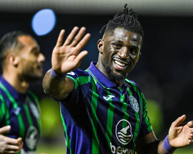 Hibs defender Rocky Bushiri at full time after scoring the winner against Ayr United. (Photo by Rob Casey / SNS Group)