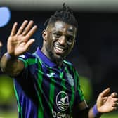 Hibs defender Rocky Bushiri at full time after scoring the winner against Ayr United. (Photo by Rob Casey / SNS Group)