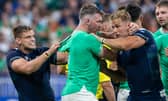Peter O'Mahony in the thick of it between George Turner and Duhan van der Merwe during Ireland's win over Scotland at the 2023 Rugby World Cup.