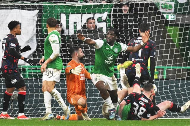 Rocky Bushiri has made a habit of scoring important goals for Hibs - including this one against Rangers.
