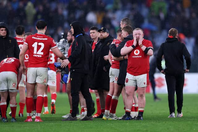 Keiron Assiratti of Wales looks dejected following the team's defeat by Italy in Rome.