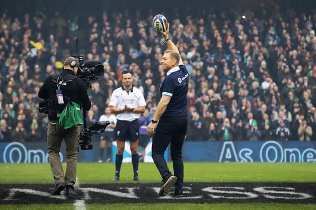 Sir Chris Hoy delivers the match ball ahead of Scotland v Ireland.