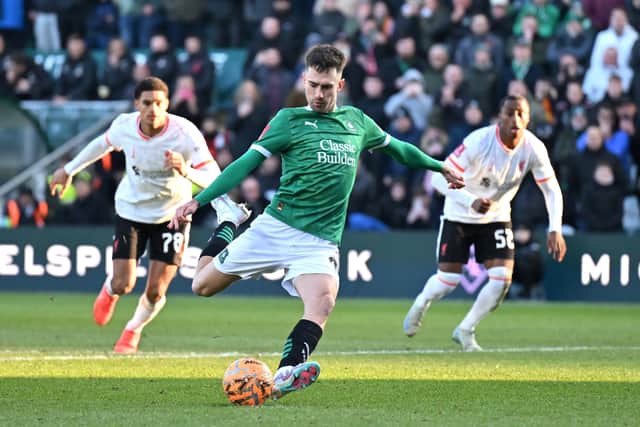Ryan Hardie scores from the penalty spot in Plymouth's 1-0 win over Liverpool in the FA Cup.