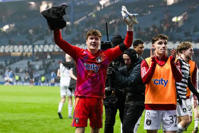 Hero Queen's Park goalkeeper Calum Ferrie celebrates at full time after the 1-0 win over Rangers at Ibrox. (Photo by Alan Harvey / SNS Group)