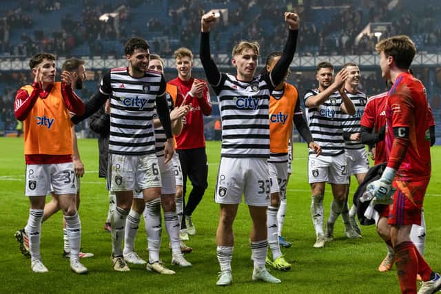 Queen's Park players celebrate at full time after the 1-0 win over Rangers at Ibrox. (Photo by Alan Harvey / SNS Group)