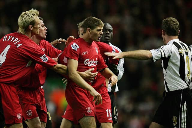 Steven Gerrard and Alan Shearer clash during their playing days. Cr: Getty Images.