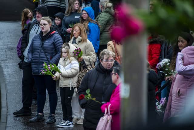 Crowds line the street to witness the funeral cortege for six-year-old schoolgirl Hope Gordon. Picture: Lisa Ferguson